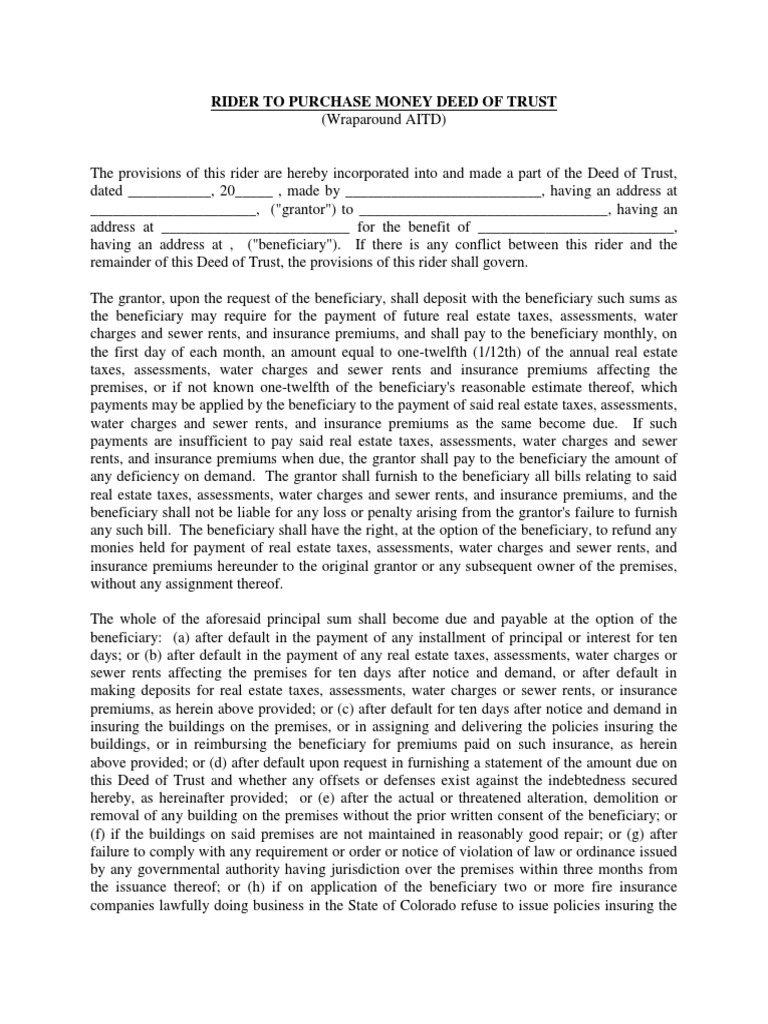 Wraparound Rider To Deed of Trust PDF Trust Law Mortgage Law