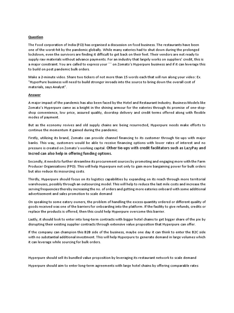 Zomato HyperpureBusiness Writeup PDF Supply Chain Outsourcing
