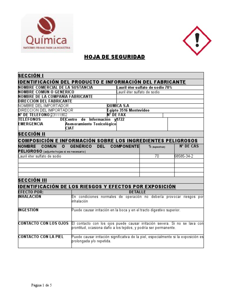 HOJA DE SEGURIDAD Lauril Eter Sulfato de Sodio 70 1 PDF Dióxido de carbono Agua