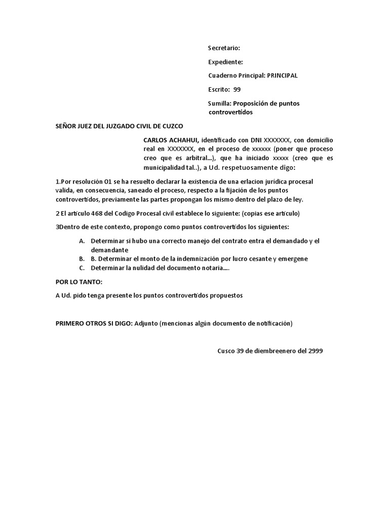 Escrito de Puntos Controvertidos | PDF