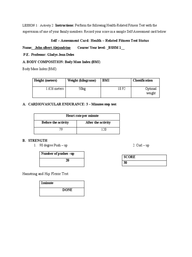 Self - Assessment Card: Health - Related Fitness Test Status | PDF