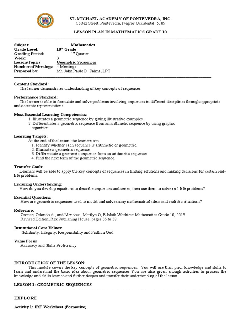 Grade 10 Geometric Sequences Lesson Plan | PDF | Learning | Numbers