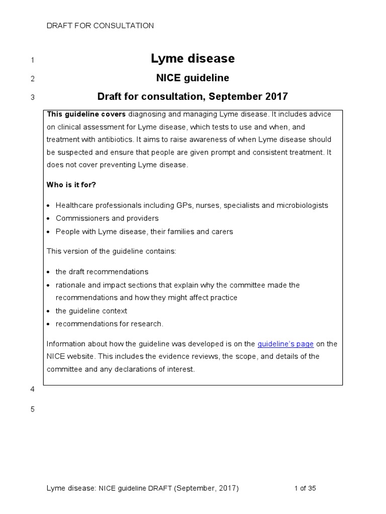 Lyme Disease NICE Guideline Draft For Consultation, September 2017