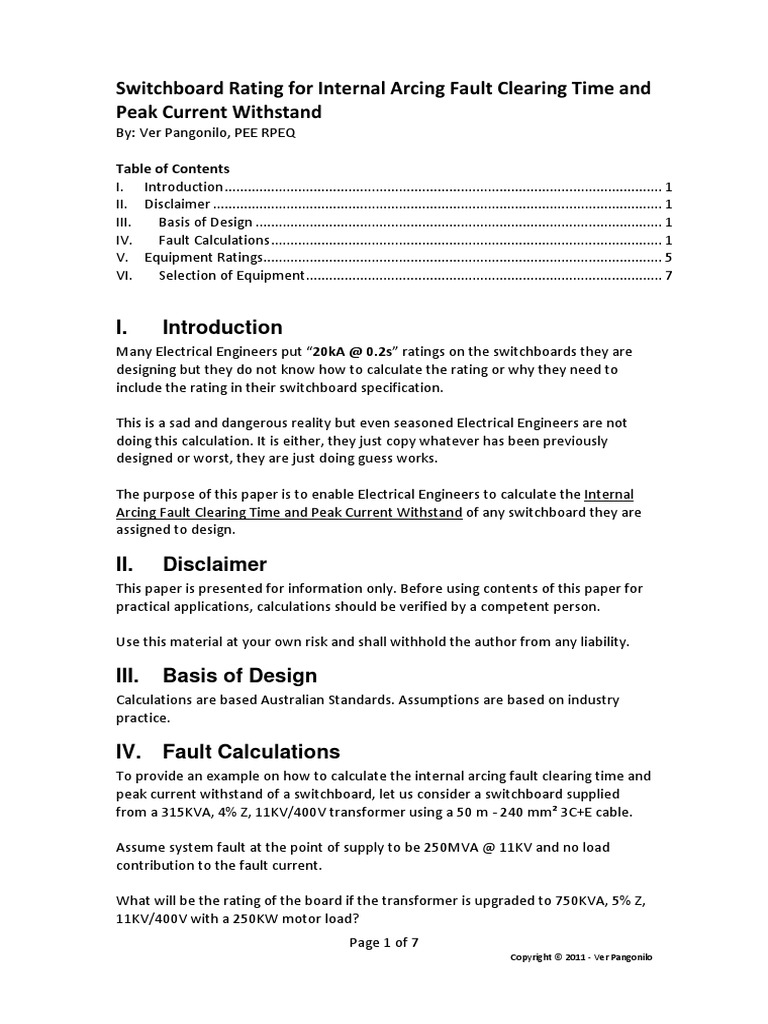Switchboard Rating For Internal Arcing Fault and Peak Current Withstand