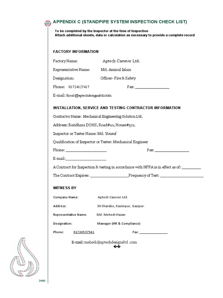 Standpipe System Inspection Checklist | PDF | Valve | Gas Technologies