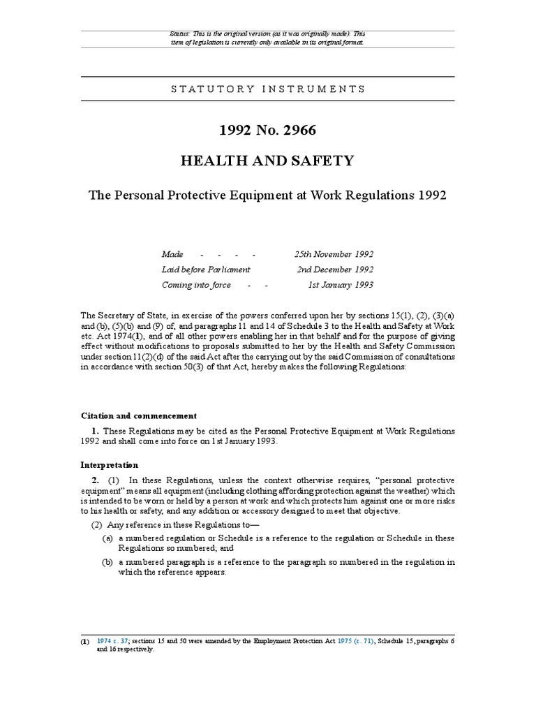 1992 No. 2966 Health and Safety The Personal Protective Equipment at