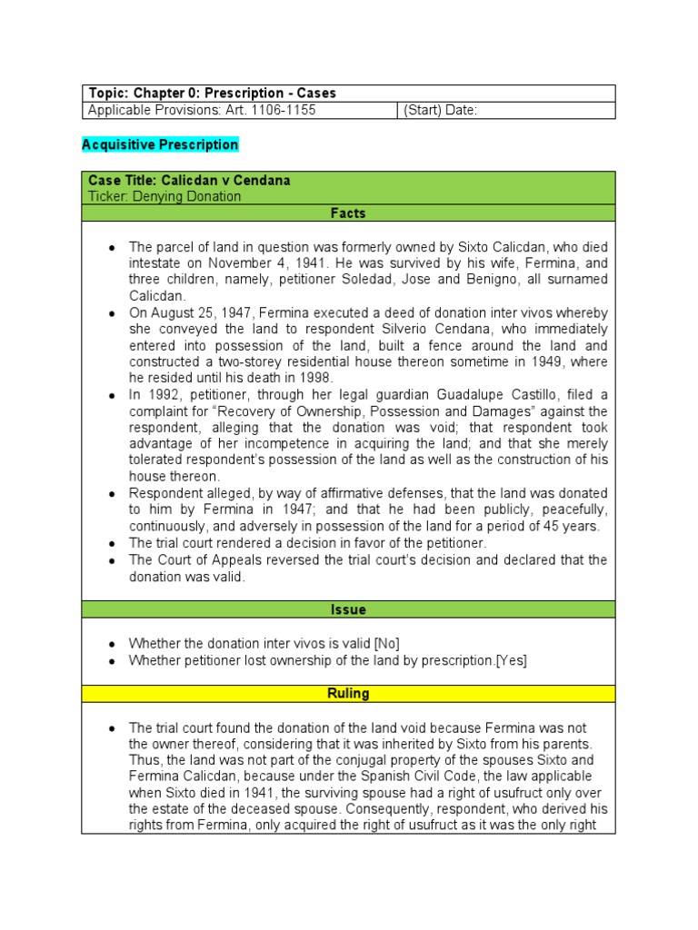 Acquisitive Prescription Case Summaries | PDF | Adverse Possession ...