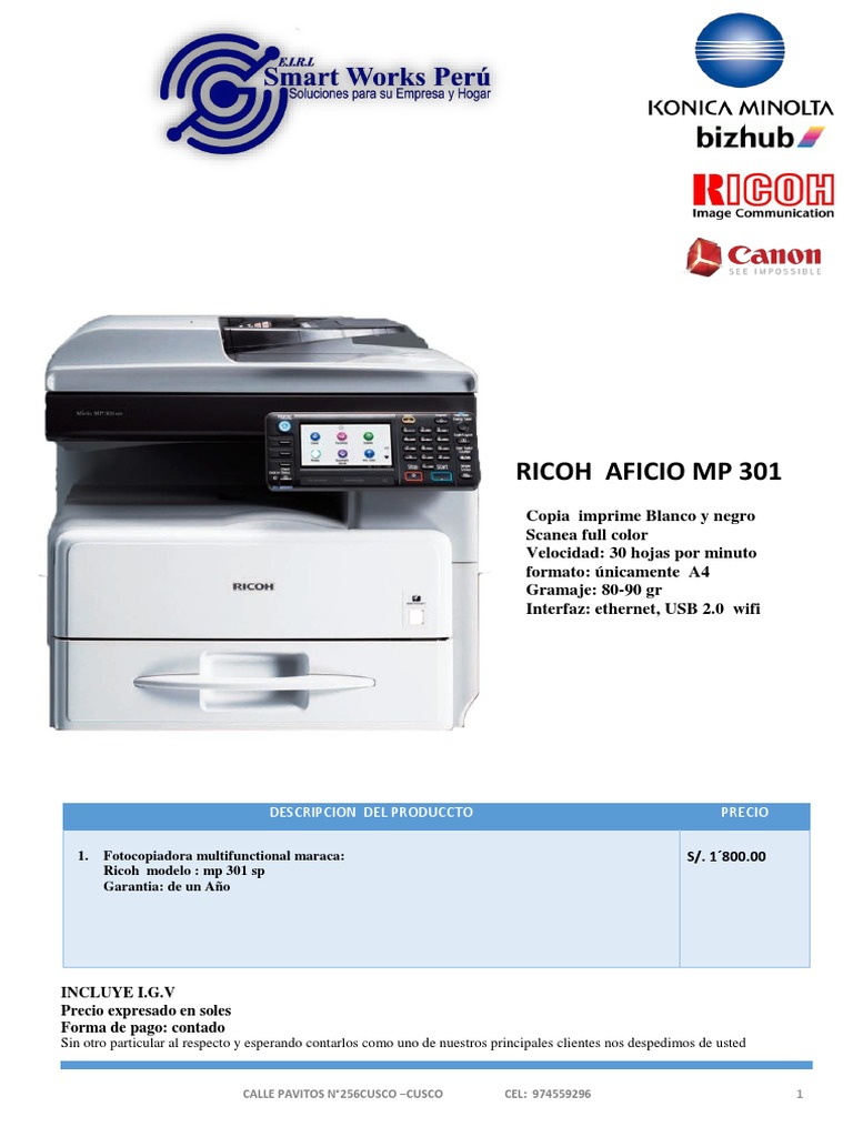 Fotocopiadora Ricoh MP 301 SP en venta | PDF