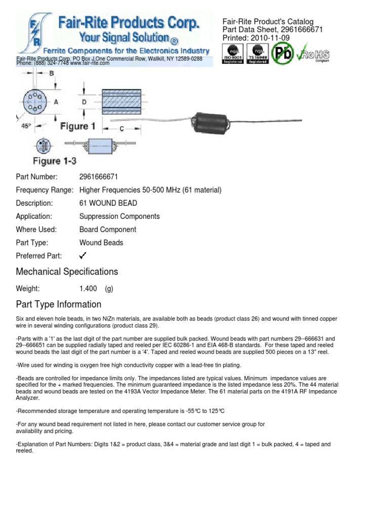 Mechanical Specifications: Fair-Rite Product's Catalog Part Data Sheet ...