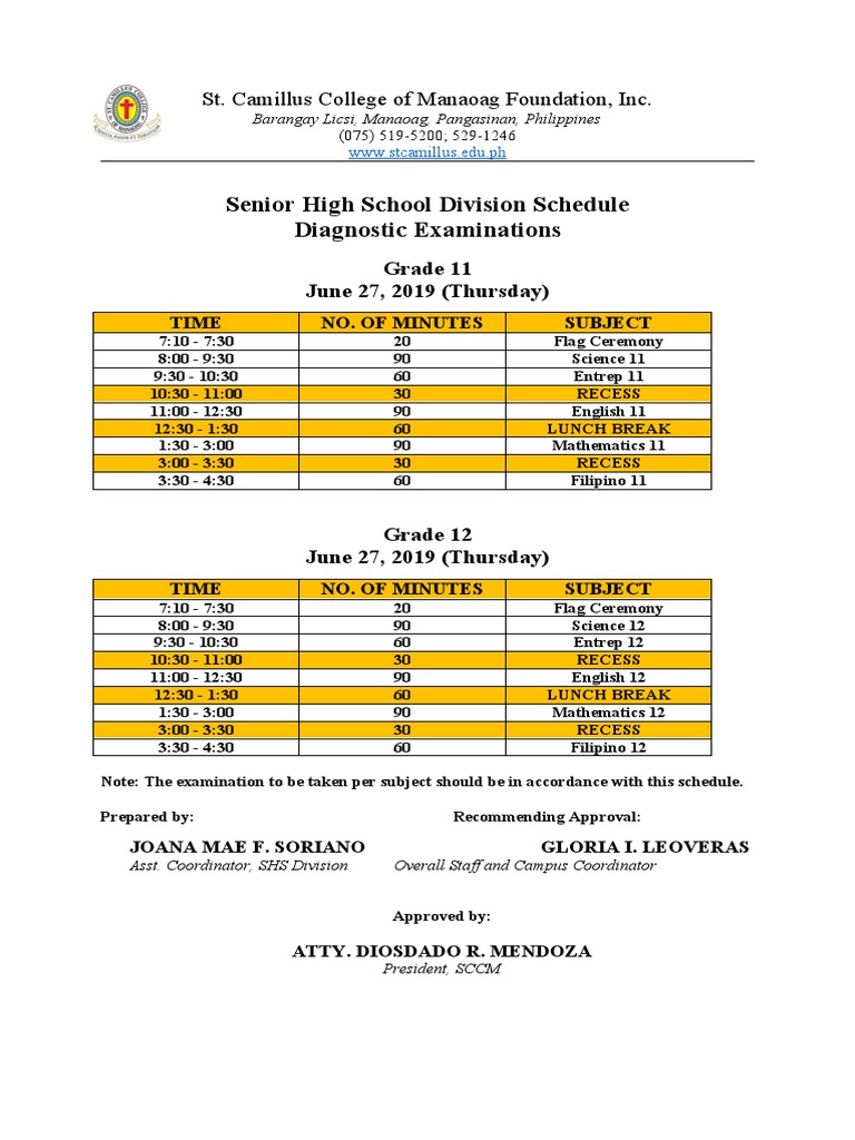 SHS Diagnostic Test Schedule 2019 | PDF | Educational Stages