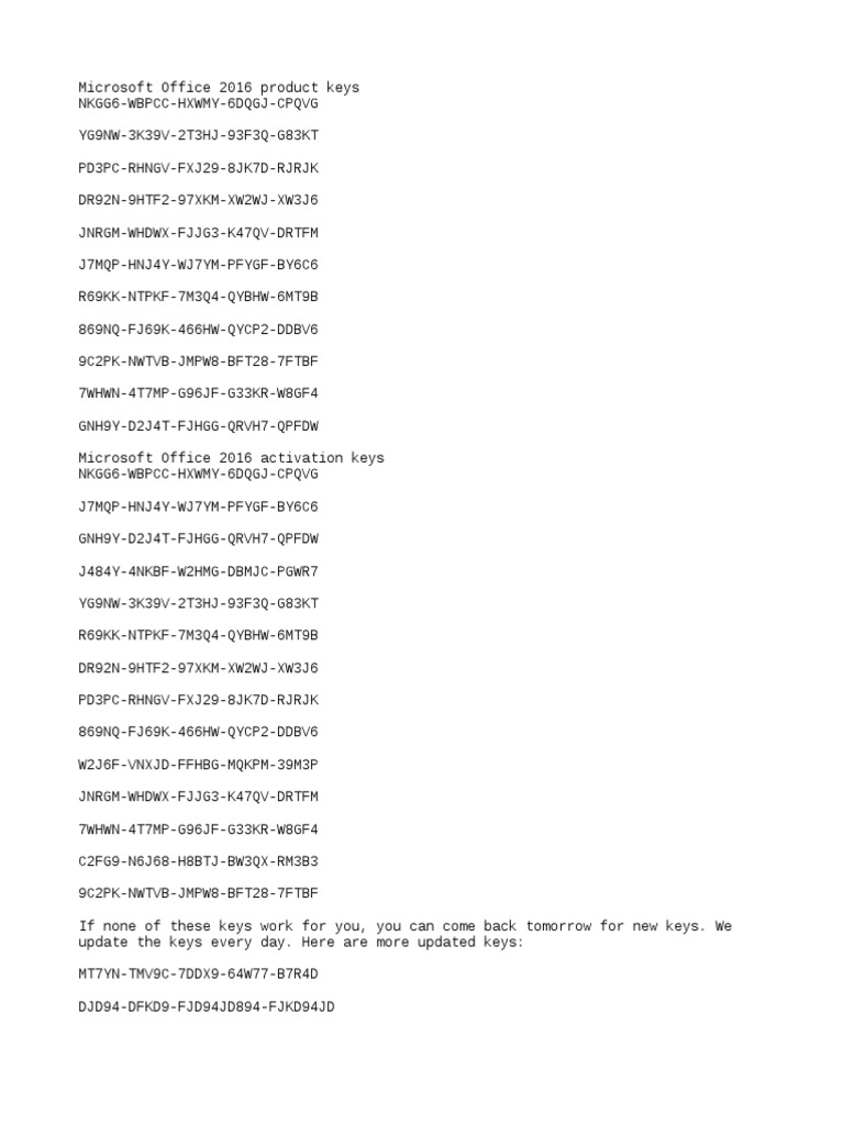 Microsoft Office 2016 Product Keys PDF