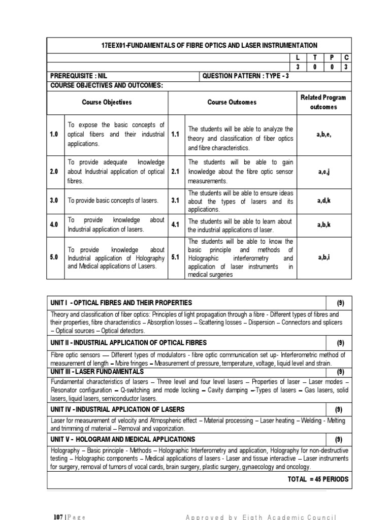 17EEX01FUNDAMENTALS OF FIBRE OPTICS AND LASER INSTRUMENTATION Syllabus