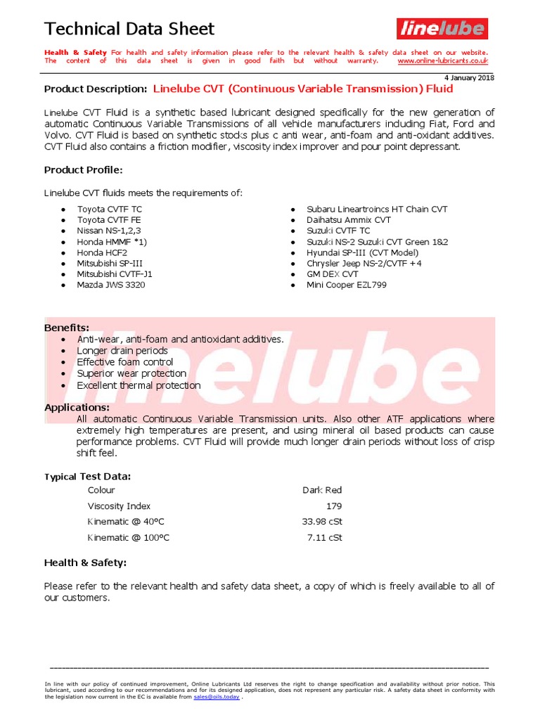 Technical Data Sheet Linelube CVT (Continuous Variable Transmission