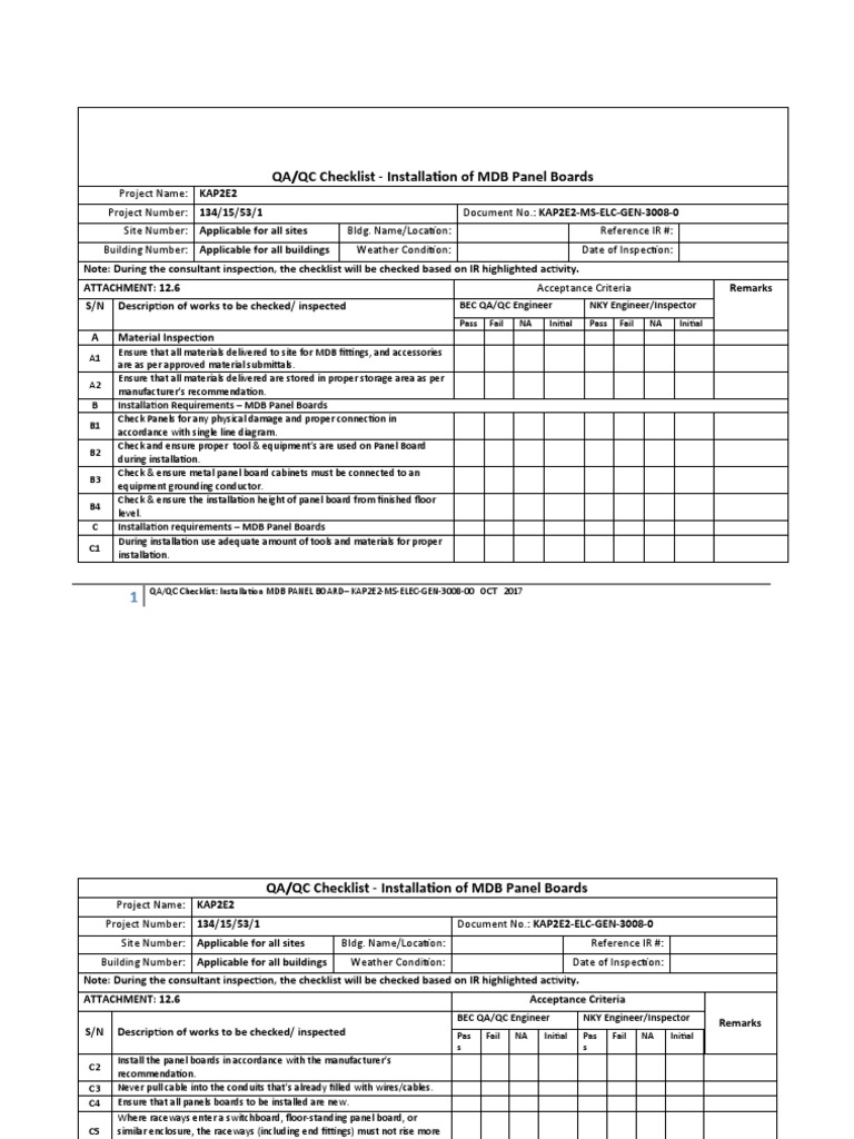 MDB Panel Board Installation Checklist | PDF | Electricity | Electrical ...