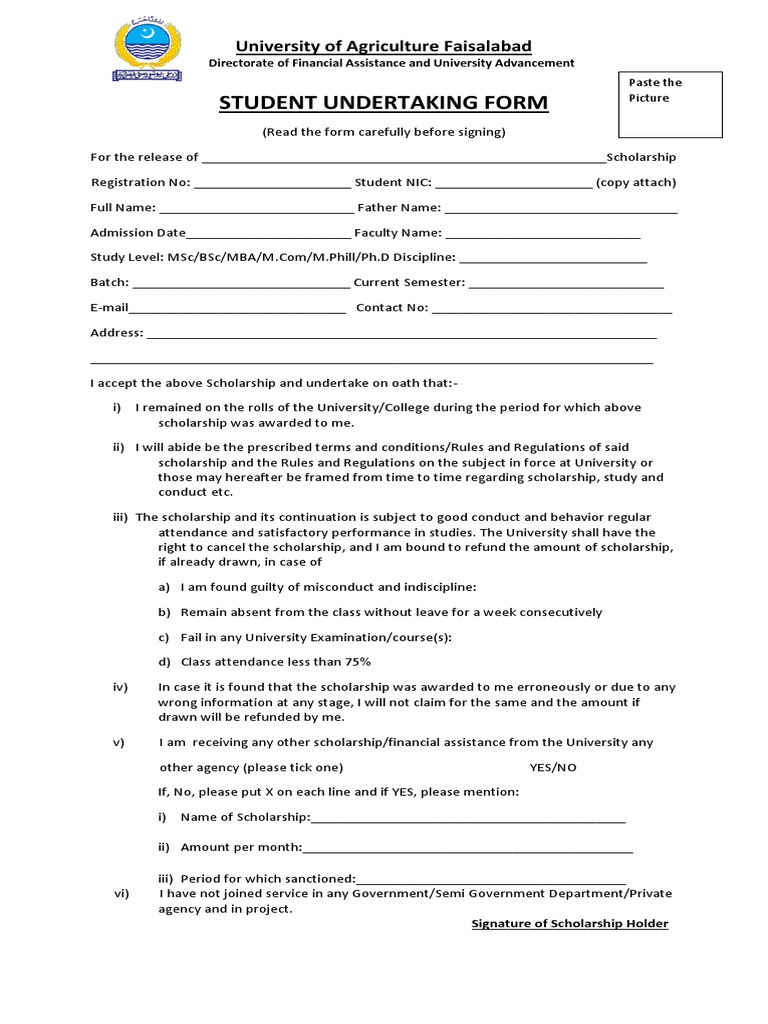 Student Undertaking Form University of Agriculture Faisalabad PDF