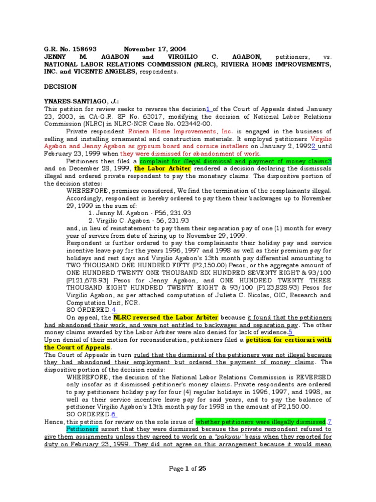 Case Labor Law Agabon v. NLRC PDF Due Process Clause Employment