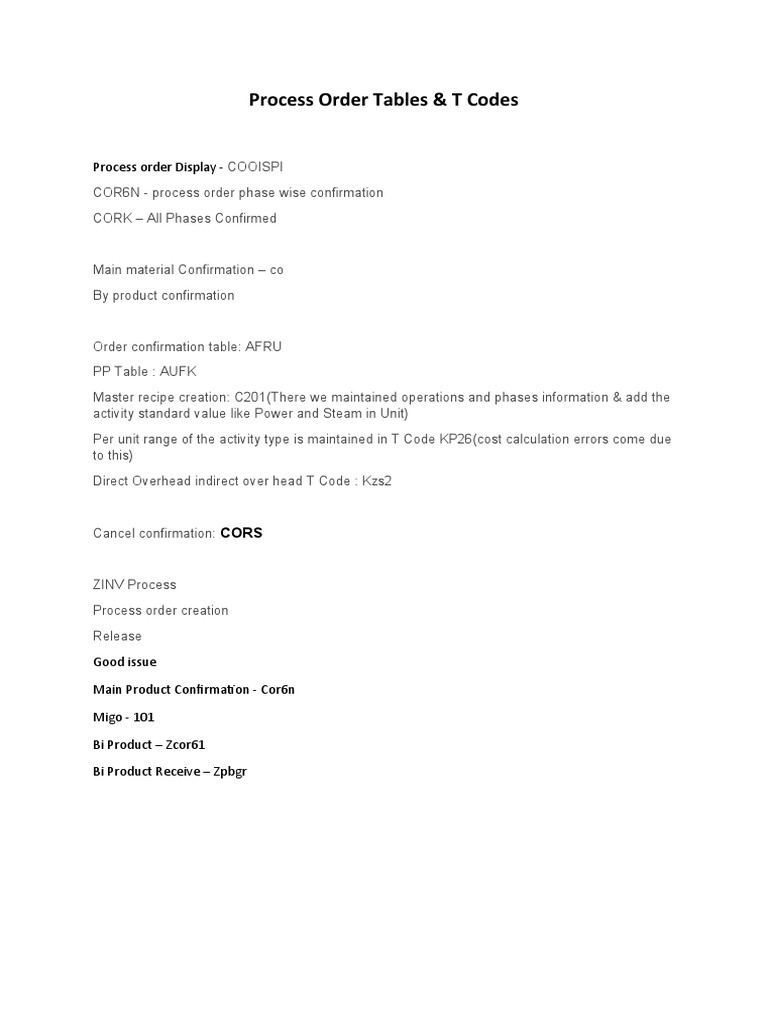 SAP Process Order Tables and TCodes | PDF