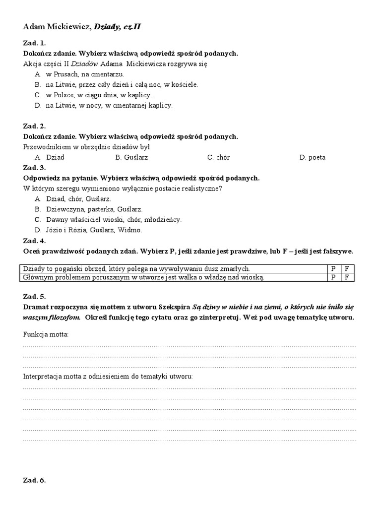 Dziady Cz 2 Pytania I Odpowiedzi Pdf