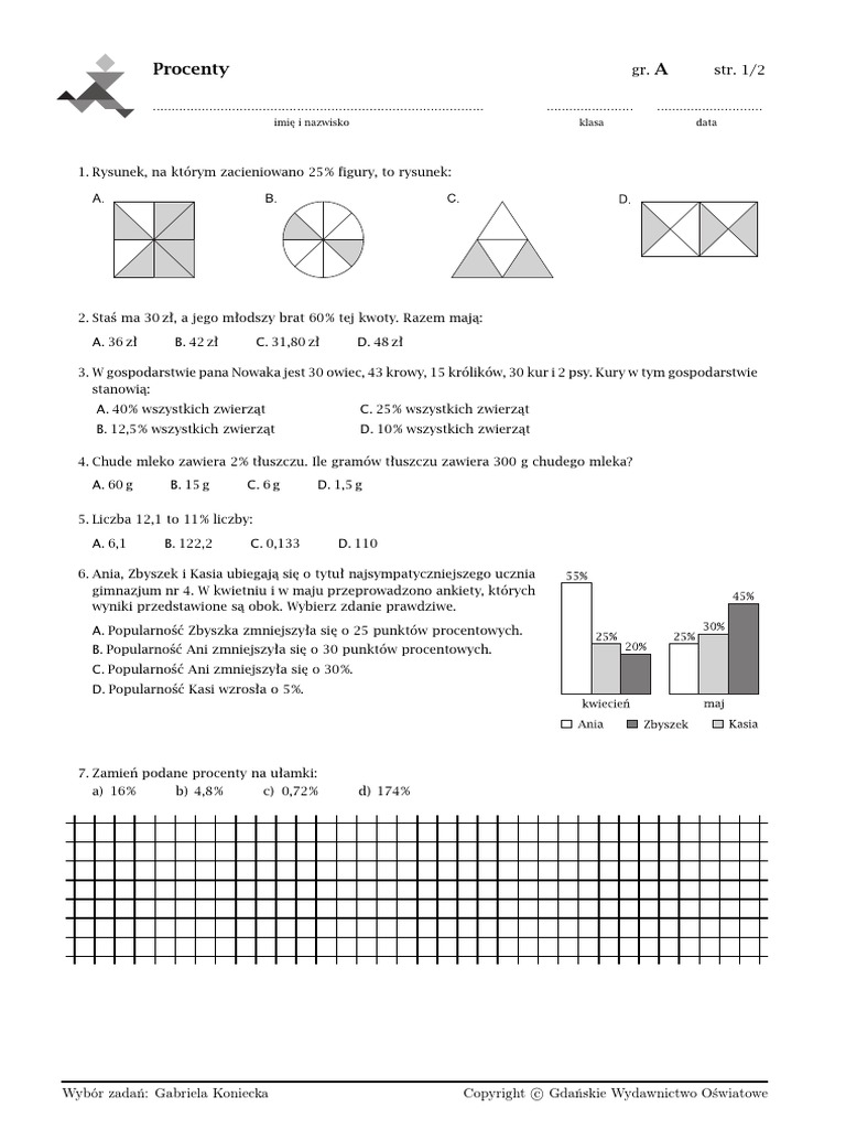 Sprawdzian Z Matematyki Klasa 7 Procenty Gwo