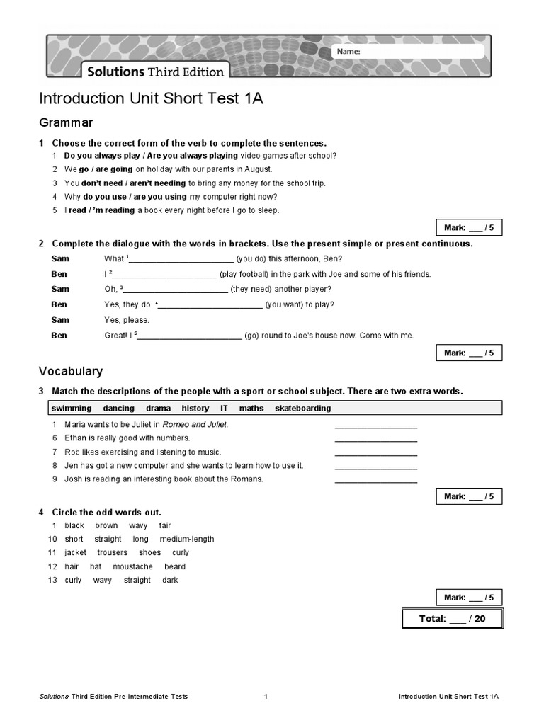 Introduction Unit Short Test 1A | PDF