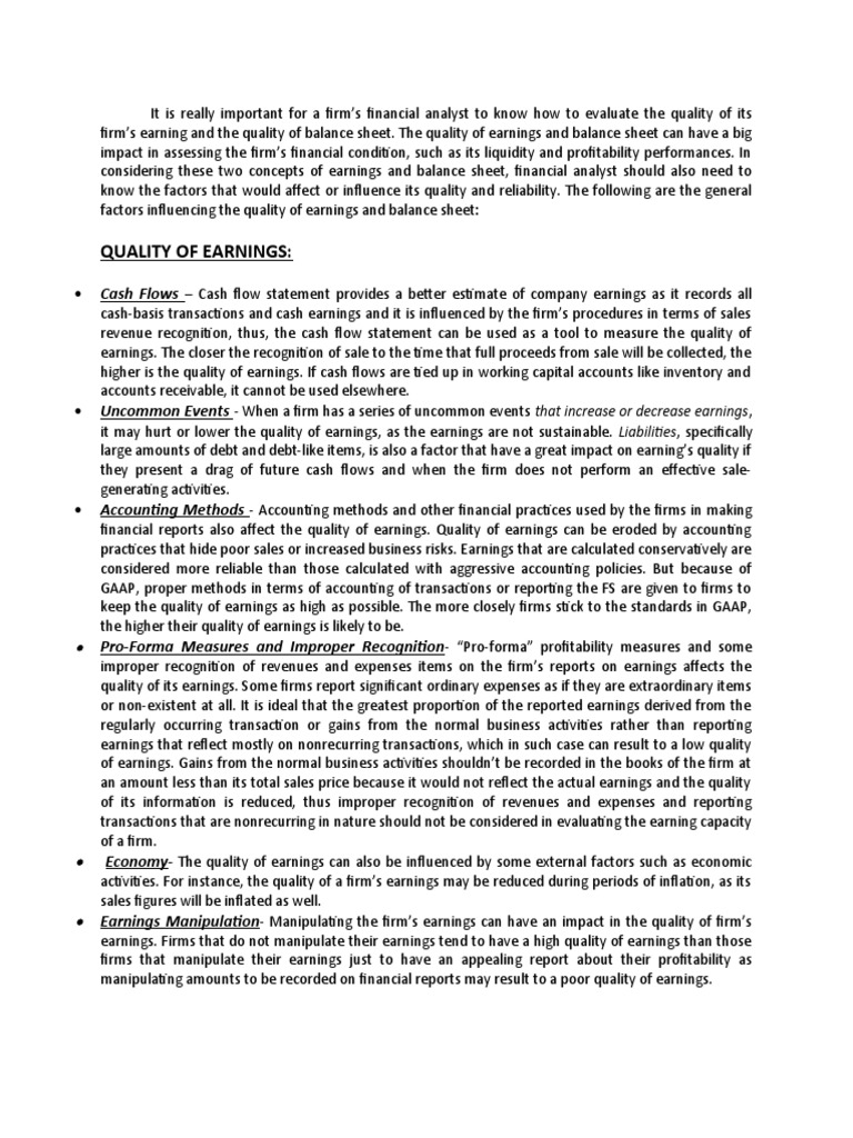 Evaluating Quality of Earnings & Balance Sheets | PDF | Balance Sheet ...