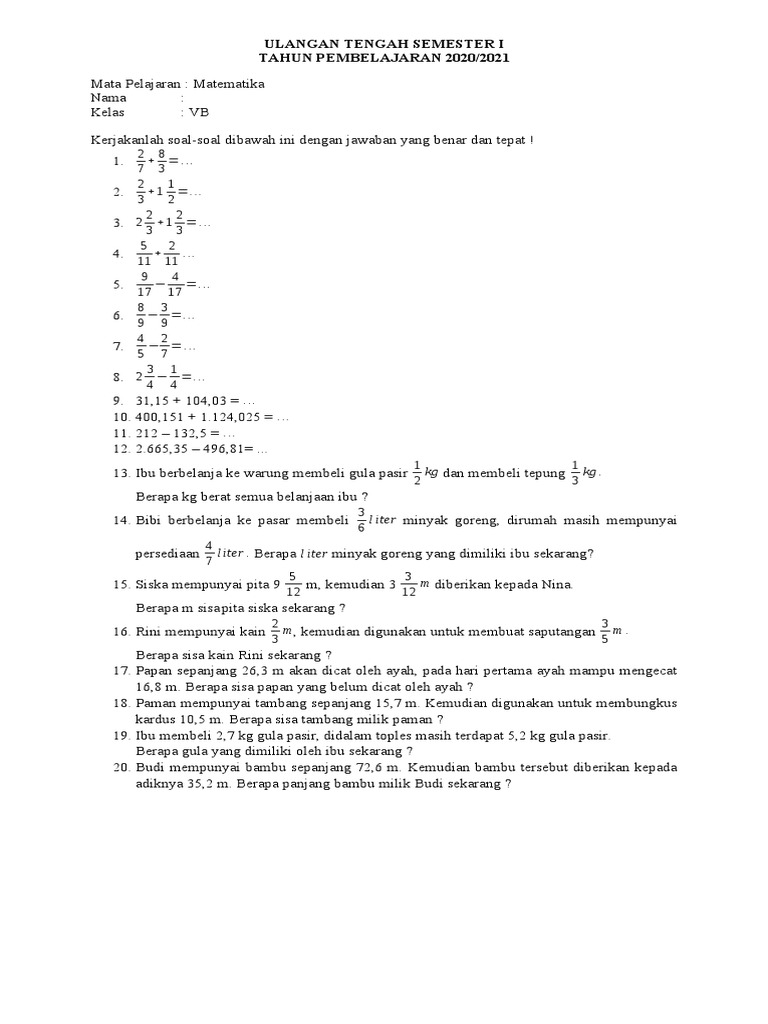 Soal Mtk Kls 5 Pdf