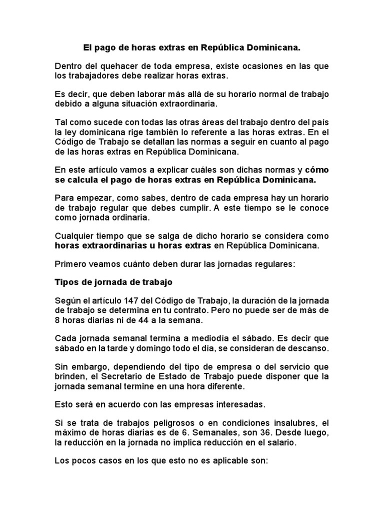 Horas Extras en República Dominicana PDF Tiempo de trabajo Salario