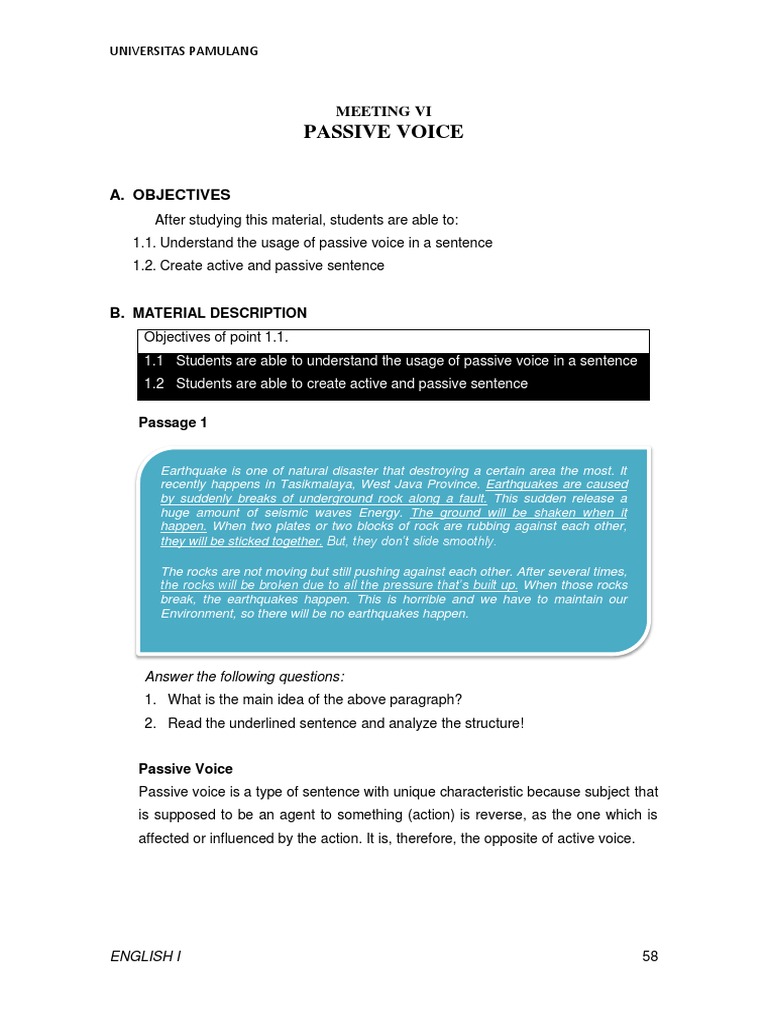 English 1 - Meeting 6 - Structure Passive Voice | PDF | Verb | Subject ...