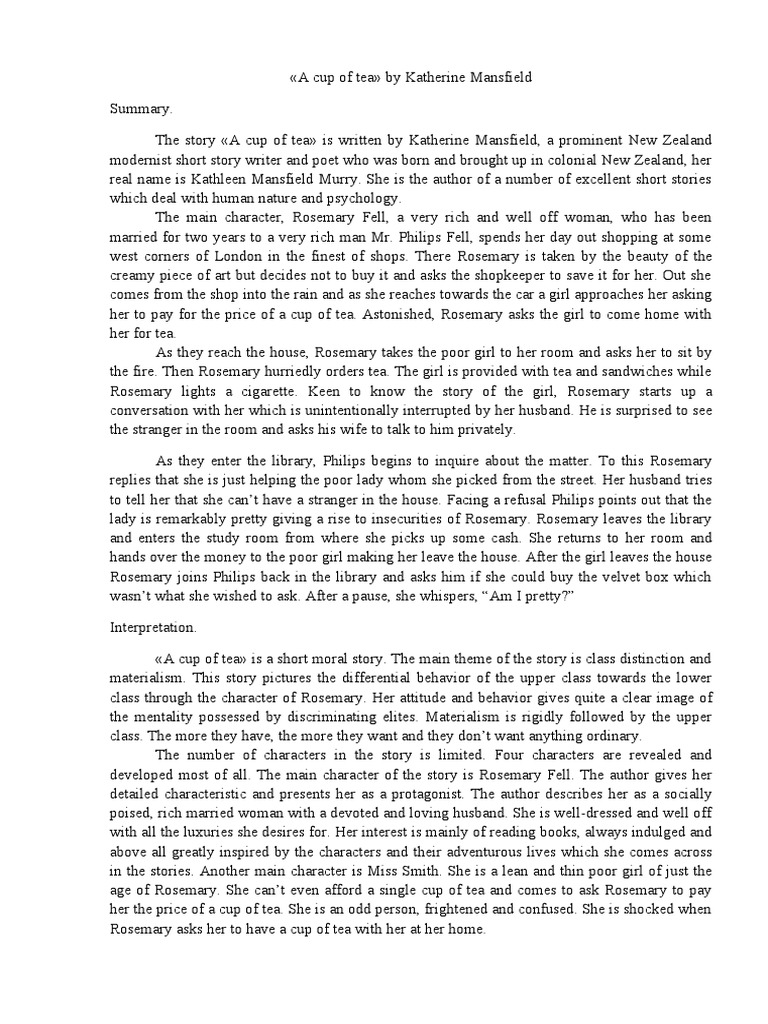 A Cup Of Tea Katherine Mansfield