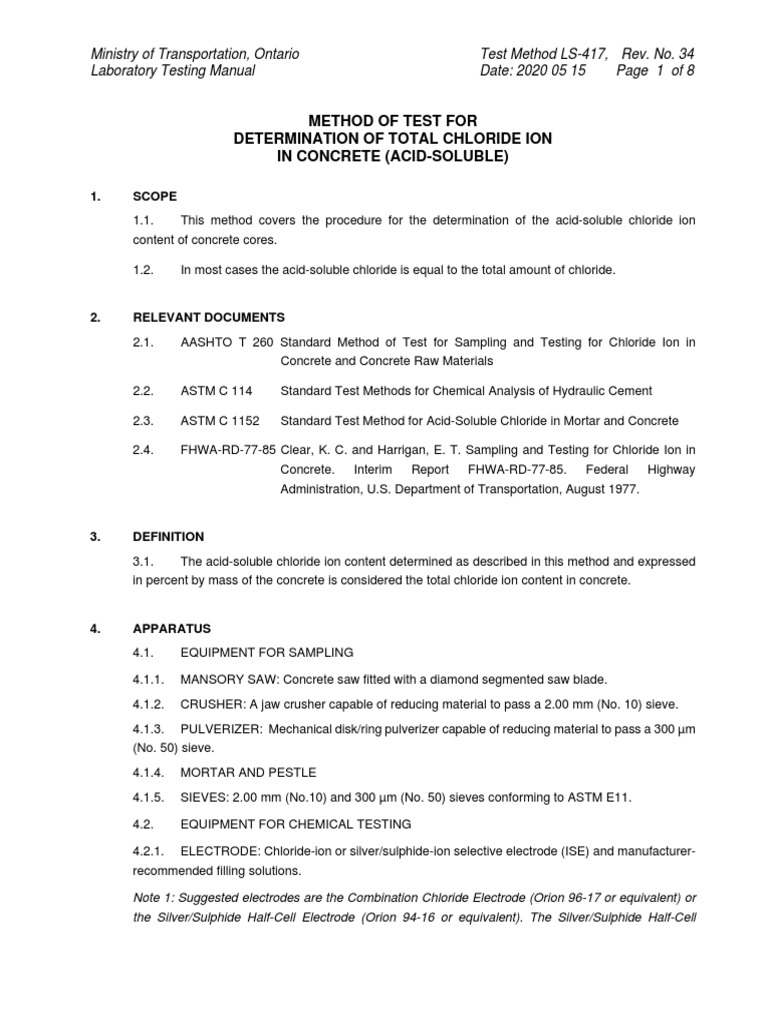 Method of Test For Determination of Total Chloride Ion in Concrete ...