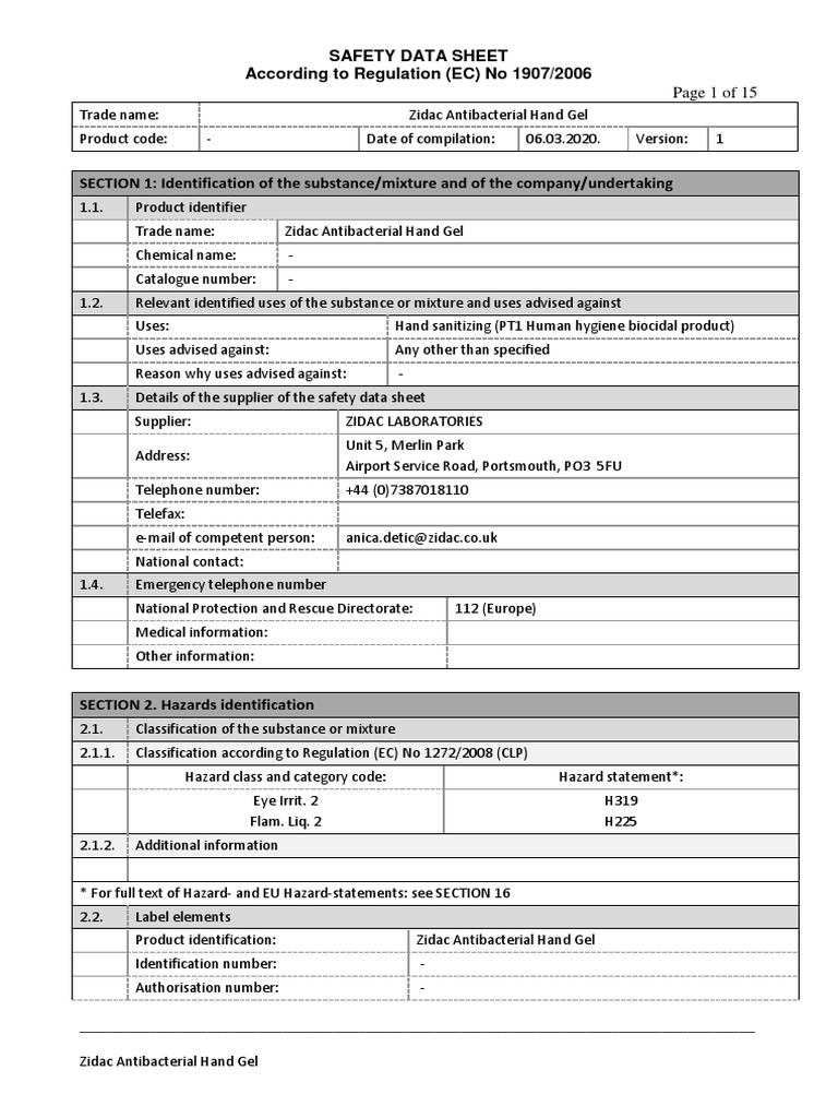 5 Msds Zidac Antibacterial Hand Gel PDF Dangerous Goods Toxicity