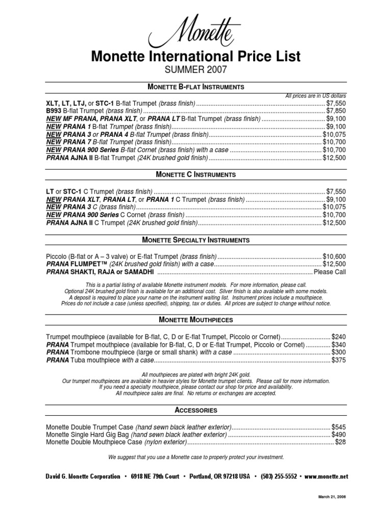 Monette trumpet price list deals