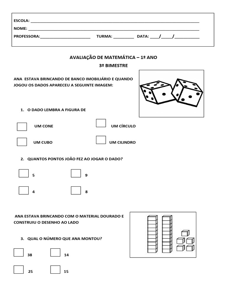 Avaliação de Matemática - 1º Ano - 3º Bimestre (2011) | PDF