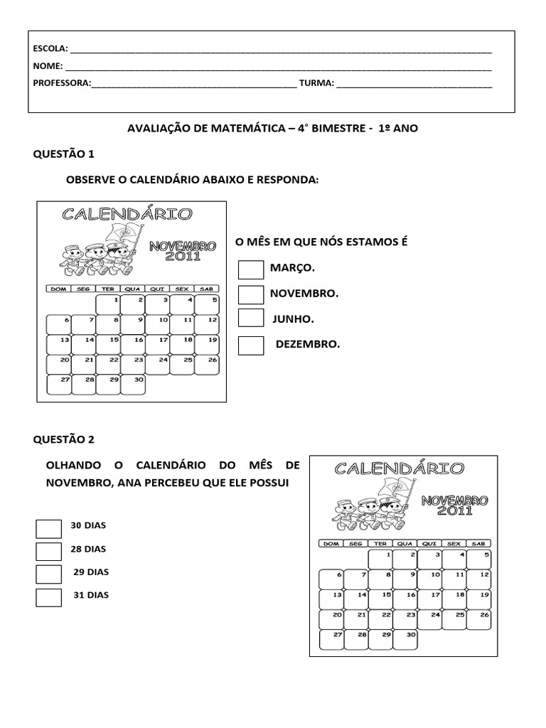 Avaliação de Matemática - 4° Bimestre - 1º Ano (2011) | PDF
