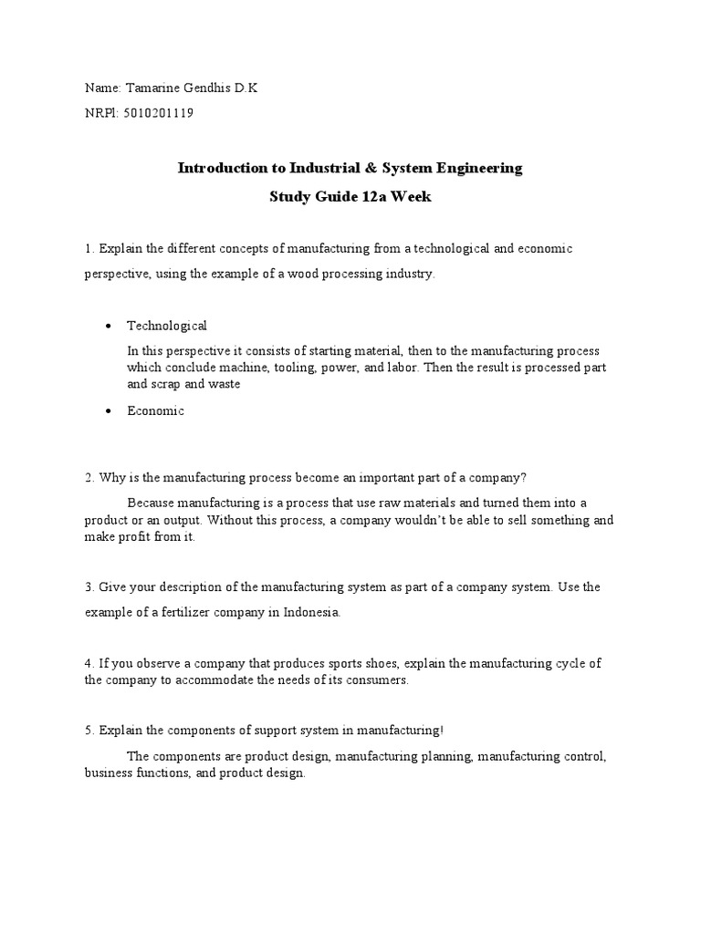 Introduction To Industrial & System Engineering Study Guide 12a Week