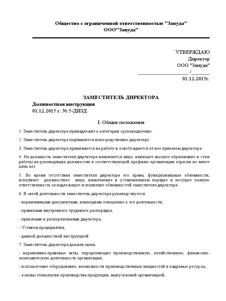 Должностная Инструкция Заместителя Директора 2 | PDF