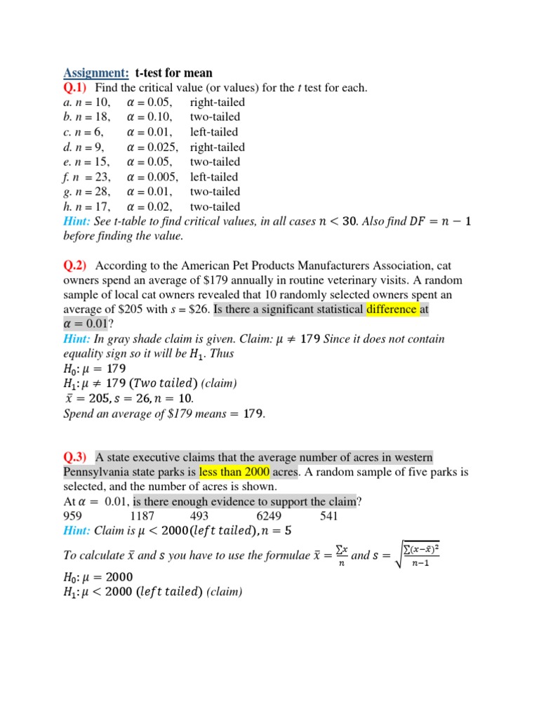 T-Test For Mean Assignment | PDF | Student's T Test | Standard Deviation