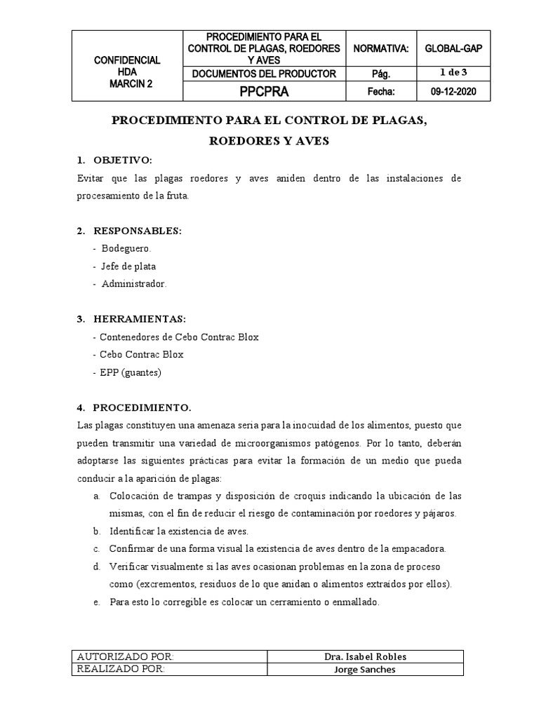 Procedimiento de Control de Plagas Roedores y Aves | PDF | Plaga ...