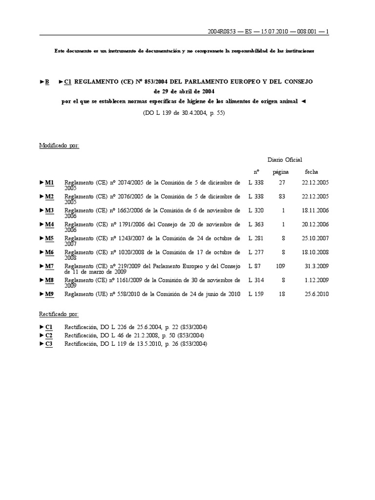 Normas de Higiene 853/2004 | PDF | Seguridad alimenticia | Alimentos