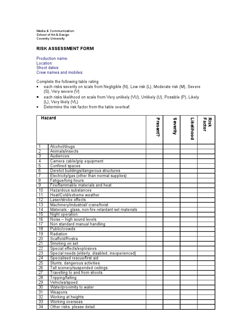 Media Production Risk Assessment Form | PDF | Risk Assessment | Risk