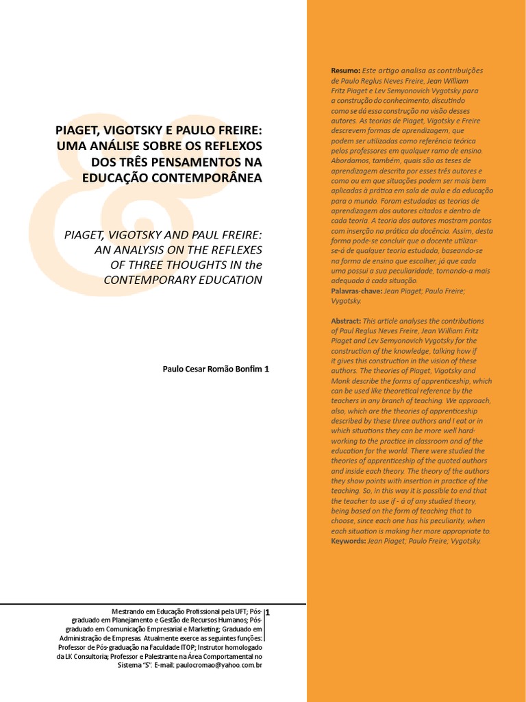 Teorias de Aprendizagem: Freire, Piaget e Vygotsky | PDF | Sociologia ...