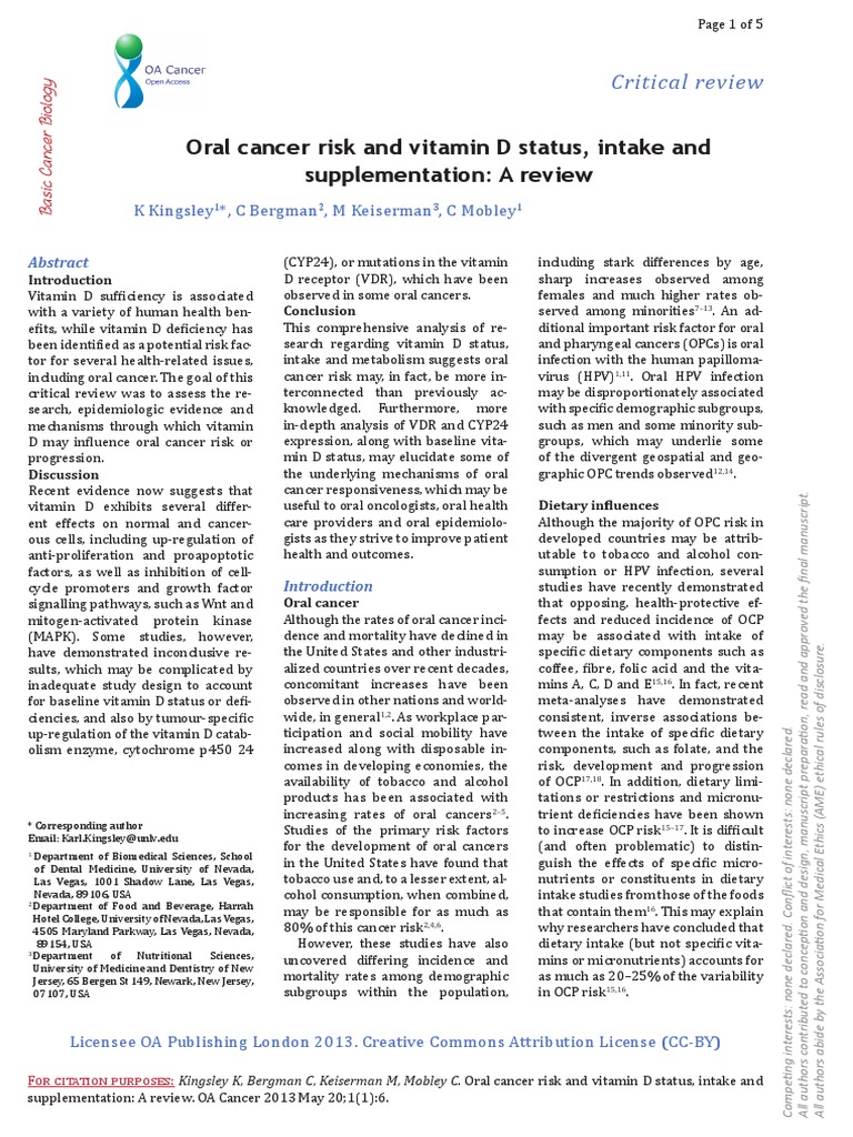 Oral Cancer Risk and Vitamin D Status, Intake and Supplementation A