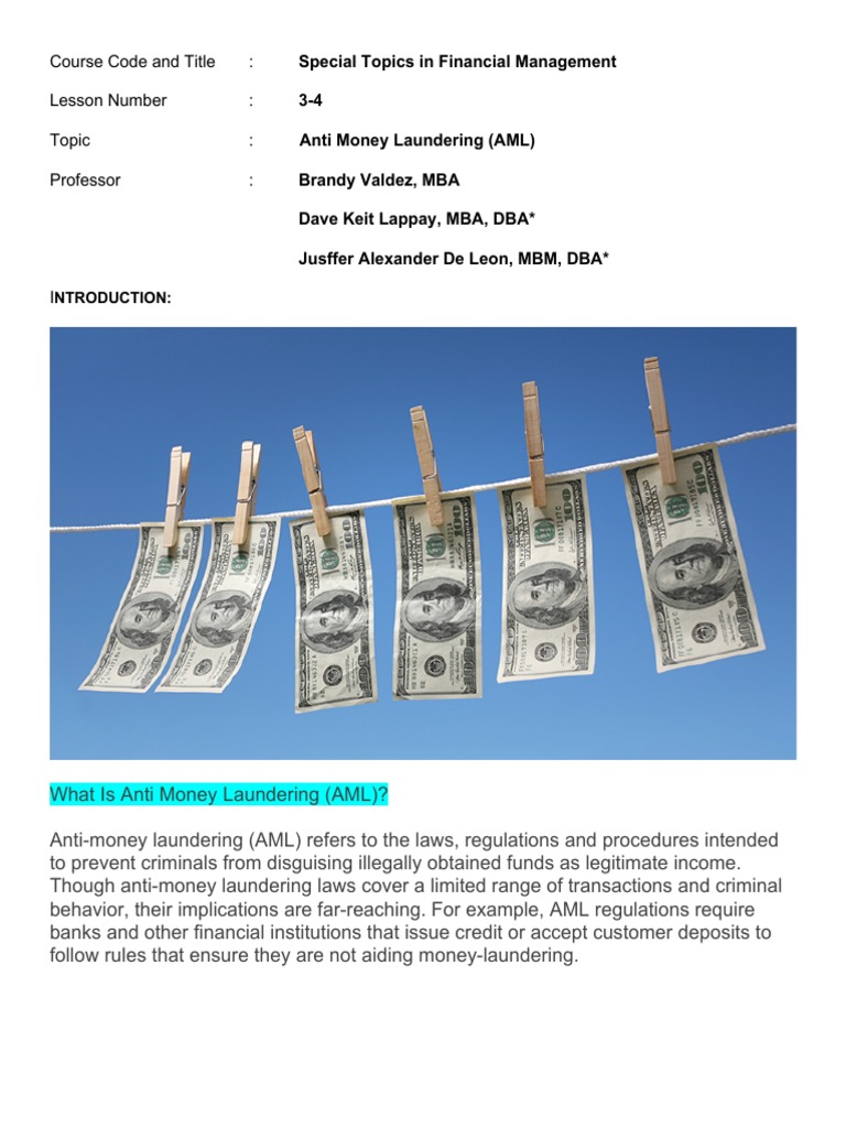 Course Code and Title: Lesson Number: Topic: Anti Money Laundering (AML ...