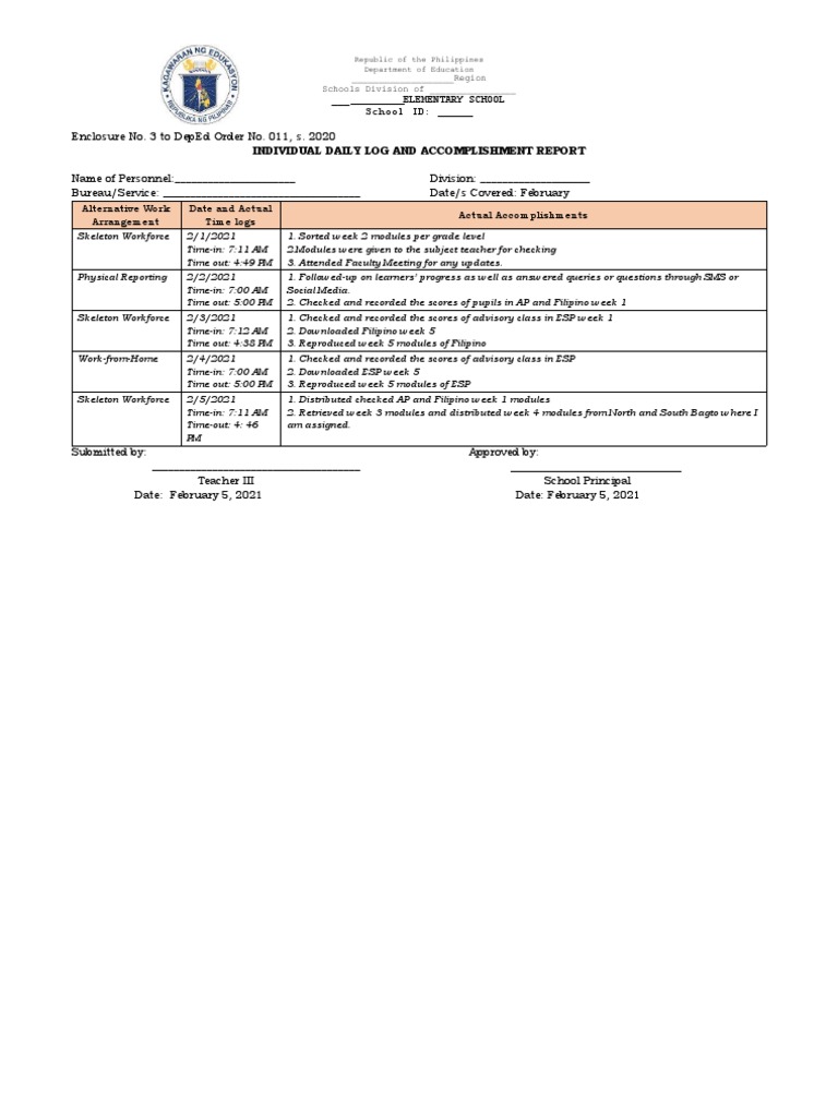 Elementary School Individual Daily Log and Report PDF