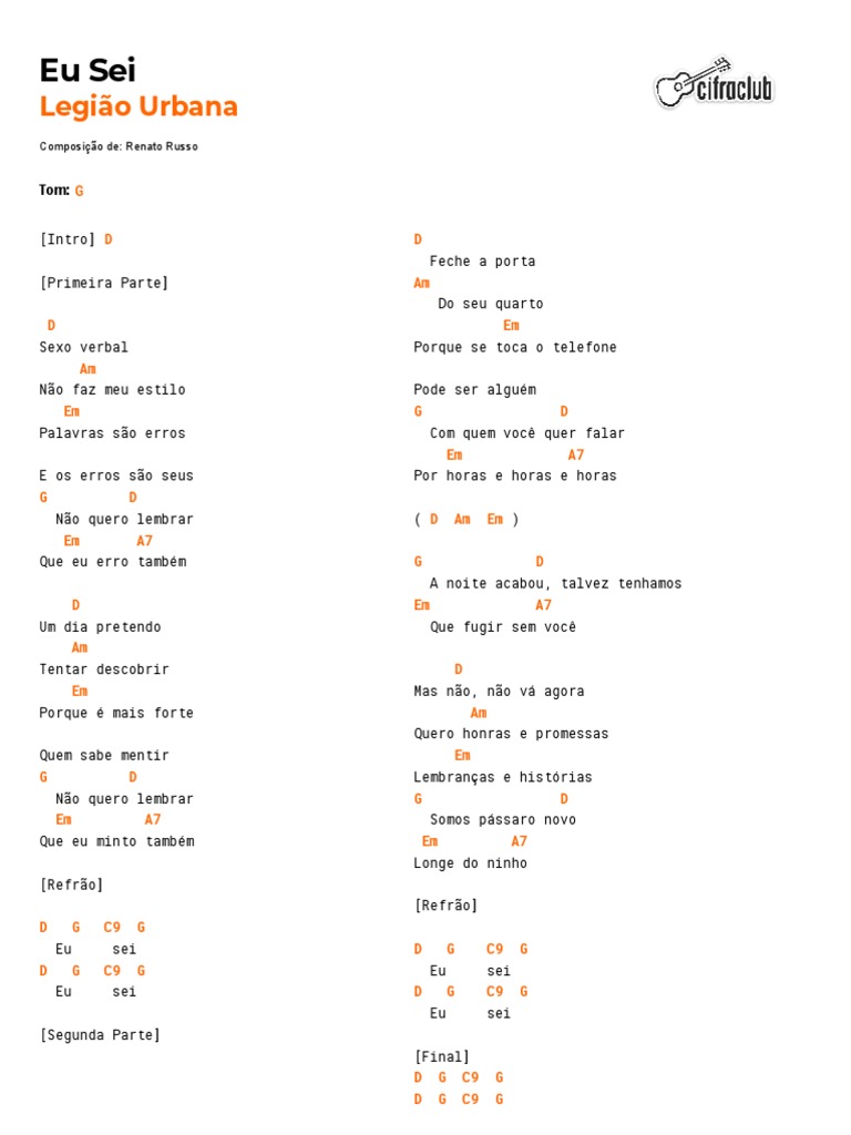 Cifra Club Legião Urbana Eu Sei PDF