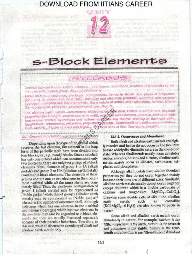 S-Block Element | PDF | Sodium | Lithium