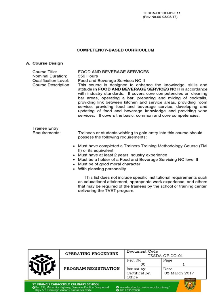 Competency-Based Curriculum: TESDA-OP CO-01-F11 (Rev - No.00-03/08/17 ...