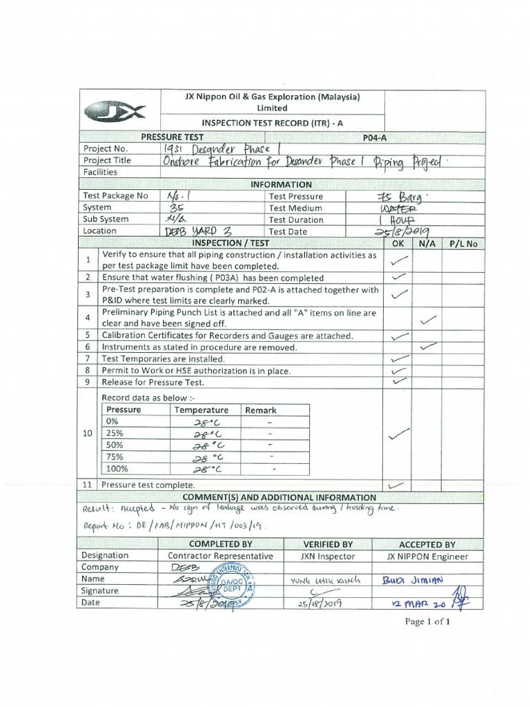 ITR For Onshore Fabrication For Desander Phase 1 Piping Project-Signed ...
