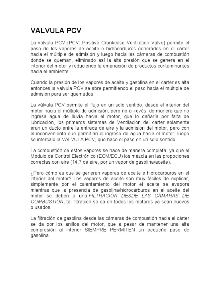 Funcionamiento y fallas de la válvula PCV | PDF | Gasolina | Hidrocarburos