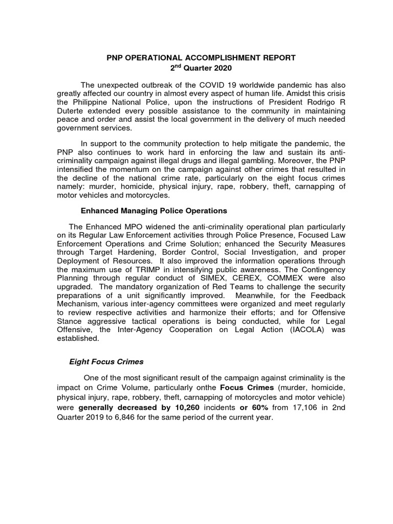 PNP Operational Accomplishment Report 2nd Quarter 2020 | Download Free ...